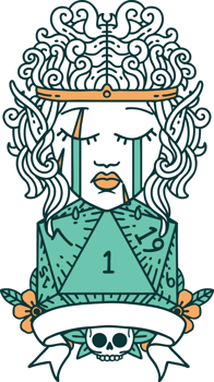 Retro Tattoo Style sad elf barbarian character with natural one roll png