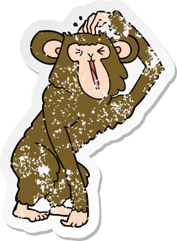 distressed sticker of a cartoon chimp scratching head png