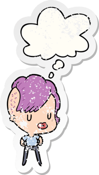 cartoon girl with thought bubble as a distressed worn sticker png