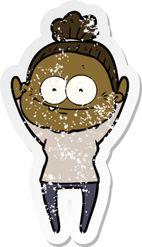 distressed sticker of a cartoon happy old woman png