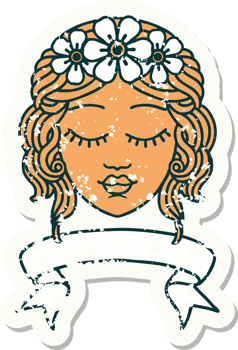 worn old sticker with banner of female face with eyes closed png