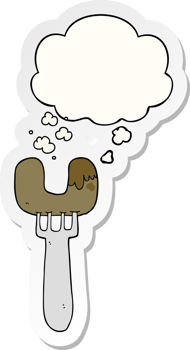 cartoon sausage on fork with thought bubble as a printed sticker png