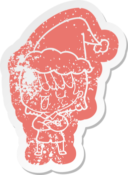 quirky cartoon distressed sticker of a woman wearing santa hat png