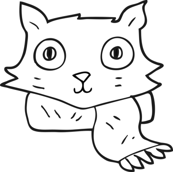 drawn black and white cartoon cat wearing scarf png