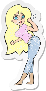 retro distressed sticker of a cartoon woman raising fist png