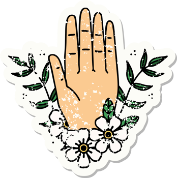 distressed sticker tattoo in traditional style of a hand and flower png