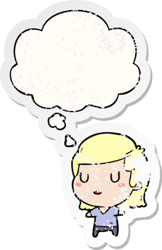 cartoon woman with thought bubble as a distressed worn sticker png