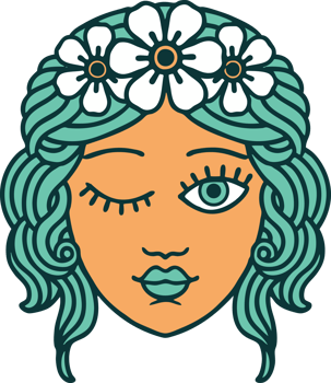 iconic tattoo style image of a maidens face winking png