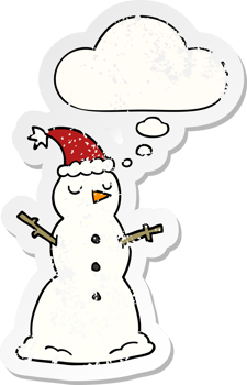 cartoon snowman with thought bubble as a distressed worn sticker png