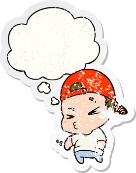 cartoon cool kid with thought bubble as a distressed worn sticker png