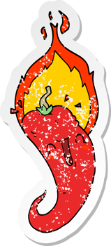 distressed sticker of a cartoon flaming hot chili pepper png