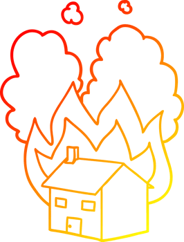 warm gradient line drawing of a cartoon burning house png