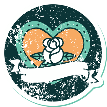 iconic distressed sticker tattoo style image of a heart rose and banner png