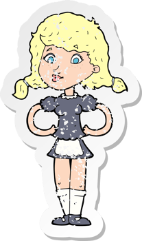 retro distressed sticker of a cartoon happy waitress woman png