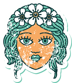 iconic distressed sticker tattoo style image of female face with crown of flowers png