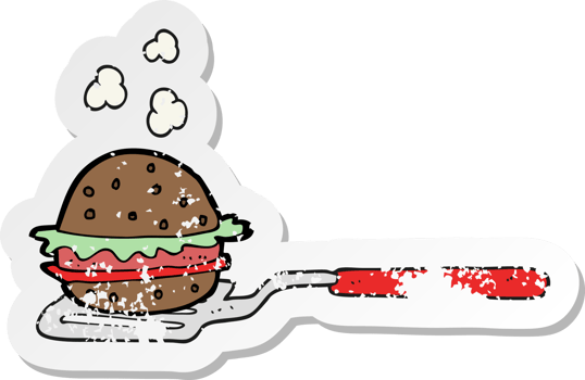 retro distressed sticker of a cartoon spatula with burger png