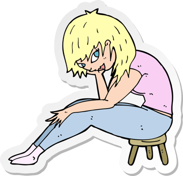 sticker of a cartoon woman sitting on small stool png