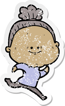 distressed sticker of a cartoon happy old woman png