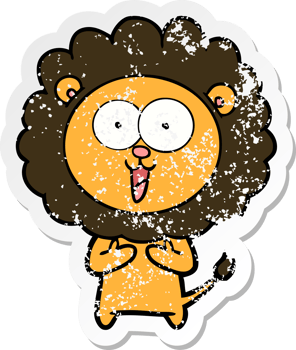 distressed sticker of a happy cartoon lion png