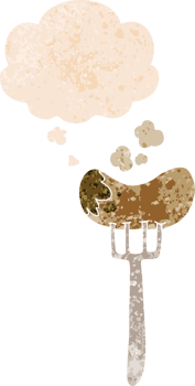 cartoon sausage and fork with thought bubble in grunge distressed retro textured style png