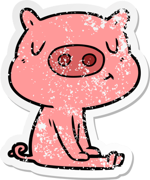 distressed sticker of a cartoon content pig meditating png
