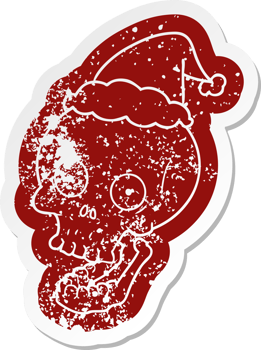 quirky cartoon distressed sticker of a skull wearing santa hat png