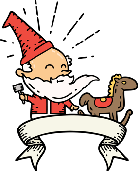 scroll banner with tattoo style santa claus christmas character making toy png