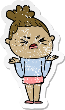 distressed sticker of a cartoon angry woman png