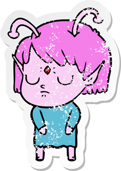 distressed sticker of a cartoon alien girl png
