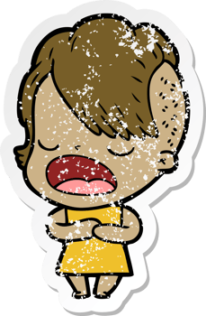 distressed sticker of a cartoon cool hipster girl talking png