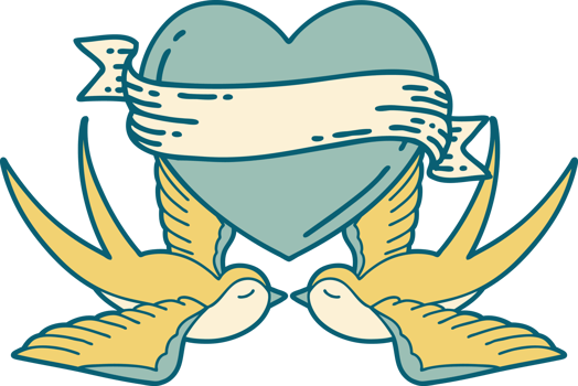 iconic tattoo style image of swallows and a heart with banner png