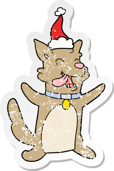 hand drawn distressed sticker cartoon of a happy dog wearing santa hat png