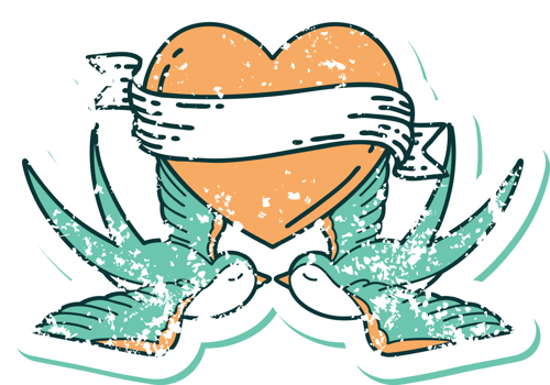iconic distressed sticker tattoo style image of swallows and a heart with banner png