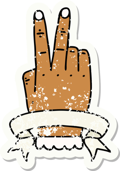 Retro Tattoo Style victory v hand gesture with banner png