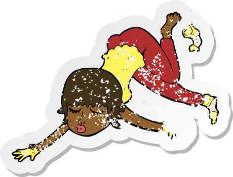 retro distressed sticker of a cartoon woman floating png