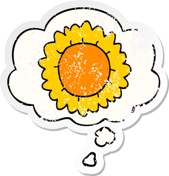 cartoon flower with thought bubble as a distressed worn sticker png