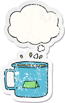 cartoon camping mug with thought bubble as a distressed worn sticker png