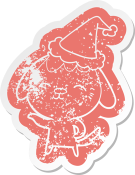 happy quirky cartoon distressed sticker of a dog wearing santa hat png