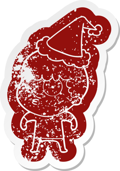 quirky cartoon distressed sticker of a curious boy wearing santa hat png