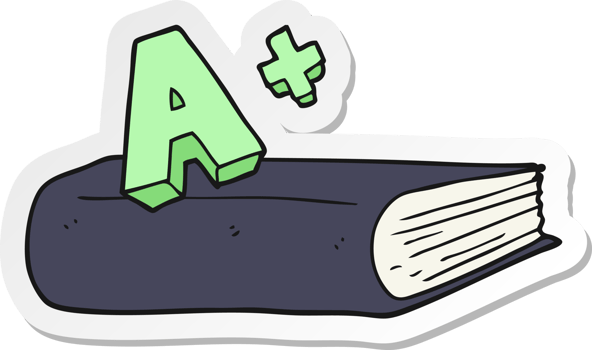 sticker of a cartoon A grade symbol and book png