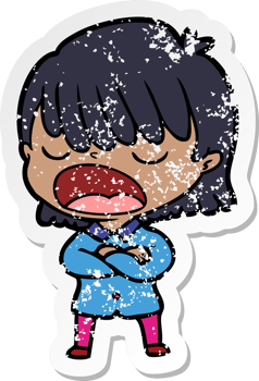 distressed sticker of a cartoon woman talking loudly png