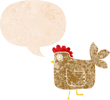 cartoon chicken with speech bubble in grunge distressed retro textured style png