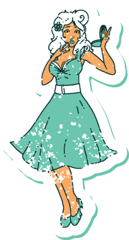 iconic distressed sticker tattoo style image of a pinup surprised girl png