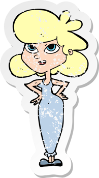 retro distressed sticker of a cartoon girl with hands on hips png
