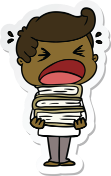 sticker of a cartoon shouting man with stack of books png