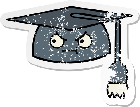 distressed sticker of a cute cartoon graduation hat png