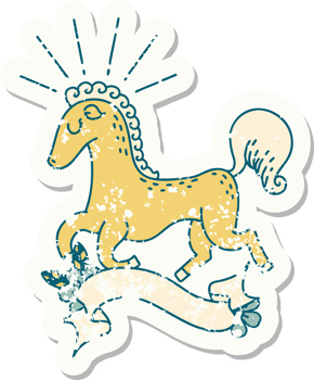 worn old sticker of a tattoo style prancing stallion png