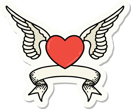 tattoo style sticker with banner of a heart with wings png