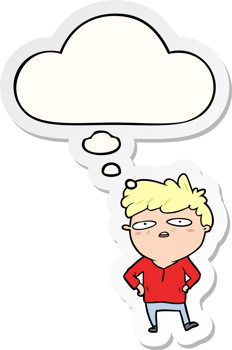 cartoon impatient man with thought bubble as a printed sticker png