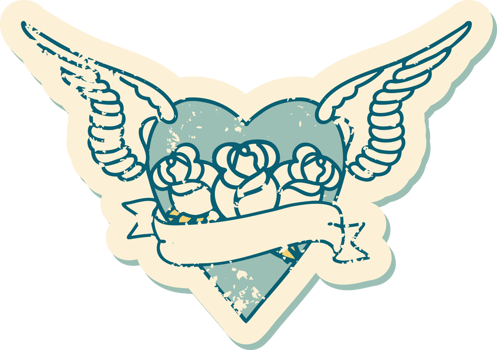 iconic distressed sticker tattoo style image of heart with wings flowers and banner png
